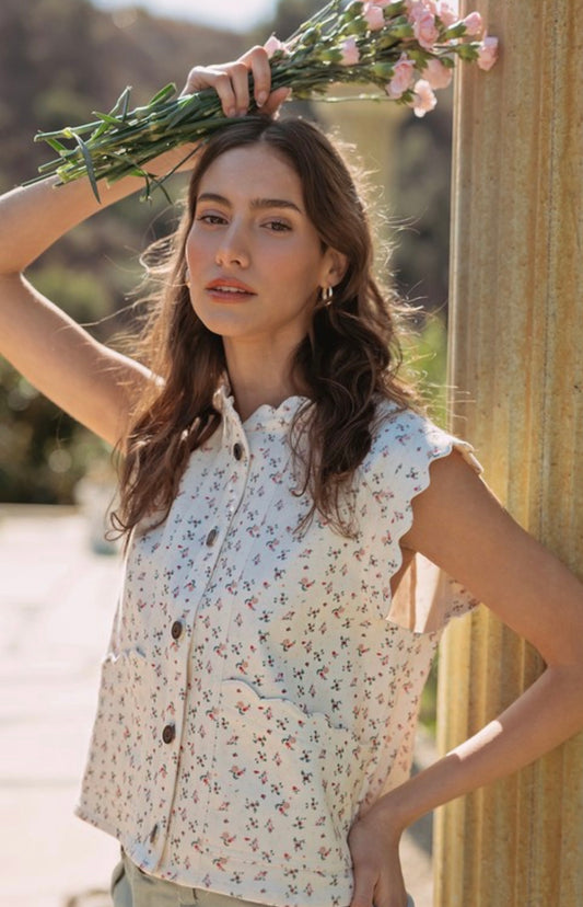 Ditsy Print Denim Crop Vest (Cotton)