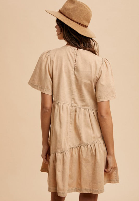 Mineral Washed Denim Flutter Sleeve Cotton Mini Dress