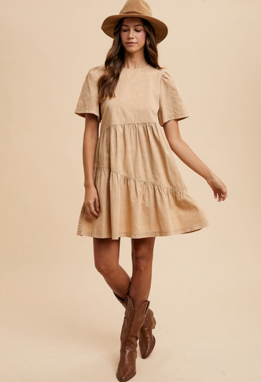 Mineral Washed Denim Flutter Sleeve Cotton Mini Dress